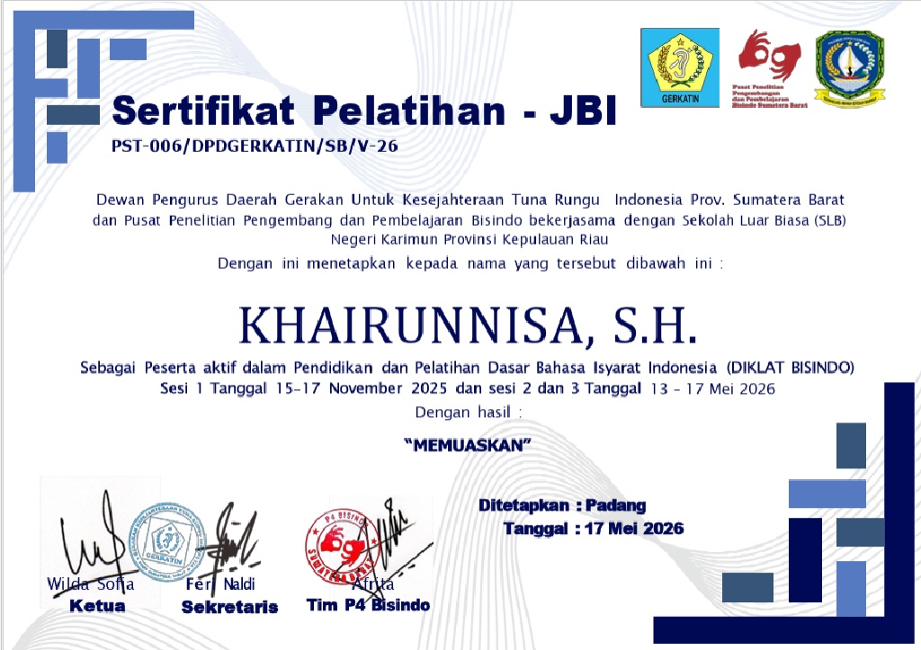 Sertifikat Pelatihan JBI Khairunnisa, S.H.