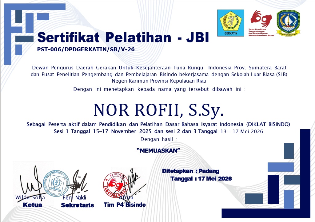 Sertifikat Pelatihan JBI Nor Rofii, S.Sy.